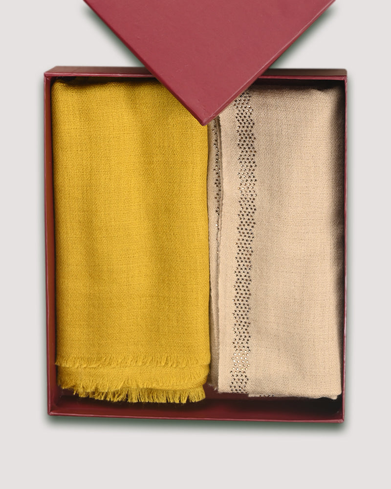 Beige Fine Single Line Crystal Border Stole & Yellow Fine Wool Diamond Weave Stole Combo